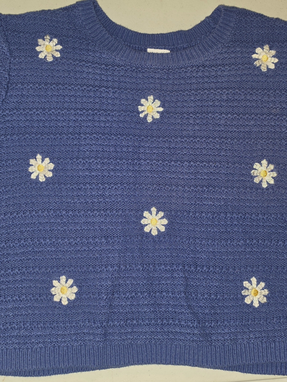 wonder nation Blue Crewneck Sweater with White & Yellow Daisy Embroidery